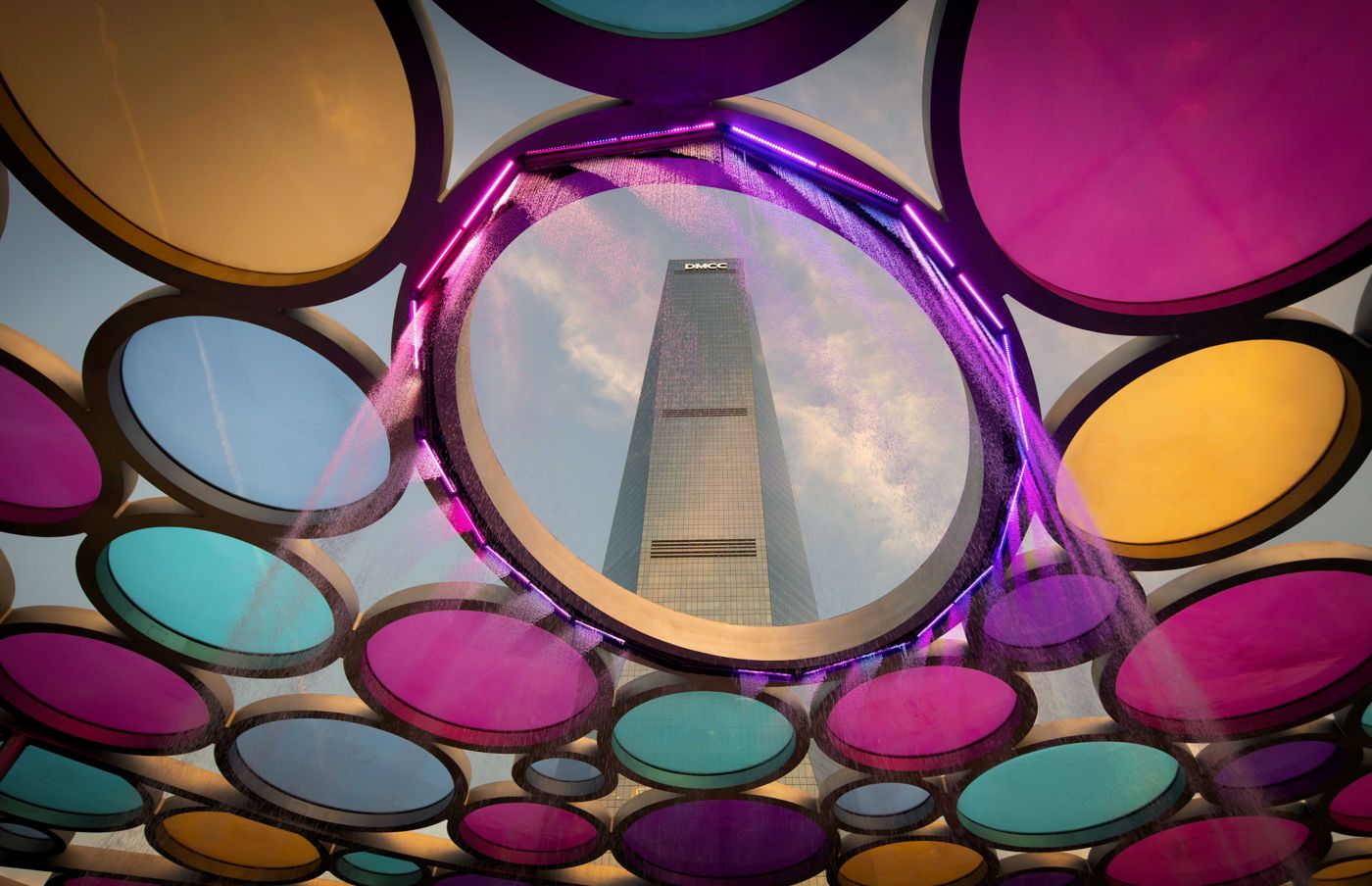 Plaza Downtown DMCC, colored canopy and tower
